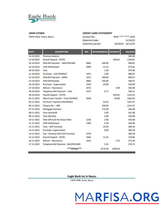 Realistic Nauru Eagle bank statement excel real example